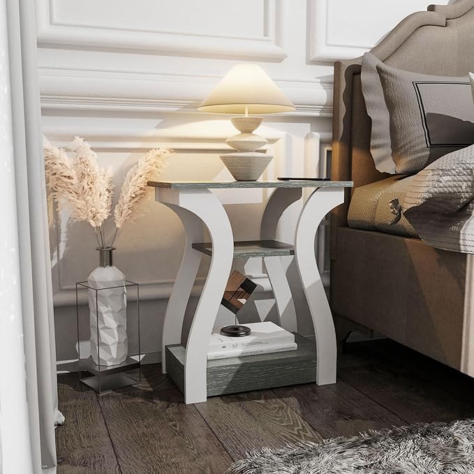 End Table with Charging Station, Side Table with USB Ports and Outlets, 3 Tier Nightstand Sofa Table for Small Spaces, Beside Table with Storage Shelf for Living Room, Bedroom