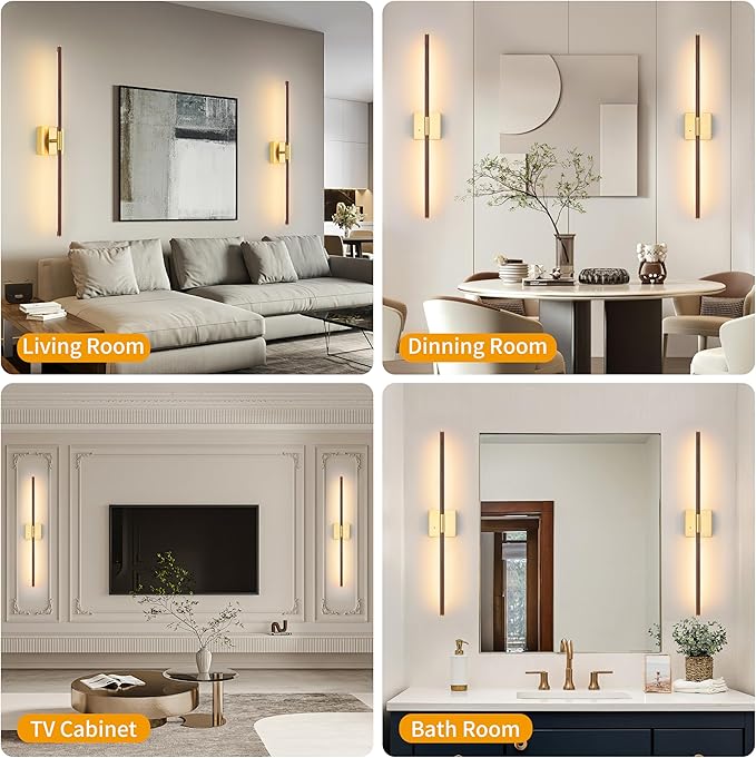 36 Inch Battery Operated Wall Sconces Set of 2, Dimmable Battery Wall Sconce with Remote Control, Walnut Gold LED Rechargeable Sconces, Modern Wireless Wall Lights for Bedroom, Living Room