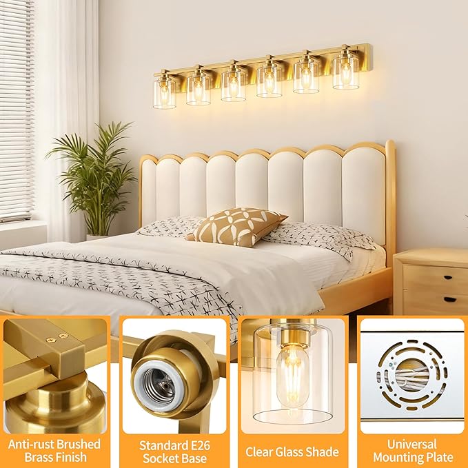 6 Light Modern Bathroom Light Fixtures Over Mirror, Brass Finish Vanity Lights for Bathroom Wall Sconces with Clear Glass Shades, E26 Socket (Bulbs Not Included)