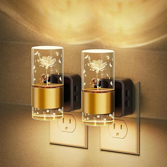 JandCase Night Lights Plug into Wall,2 Pack Rose Carved Night Light for Girls, 3000K+RGB 10-Color LED Nightlight with Dusk to Dawn Sensor, 10/50/100LM Adjustable Brightness for Birthday Home Decor