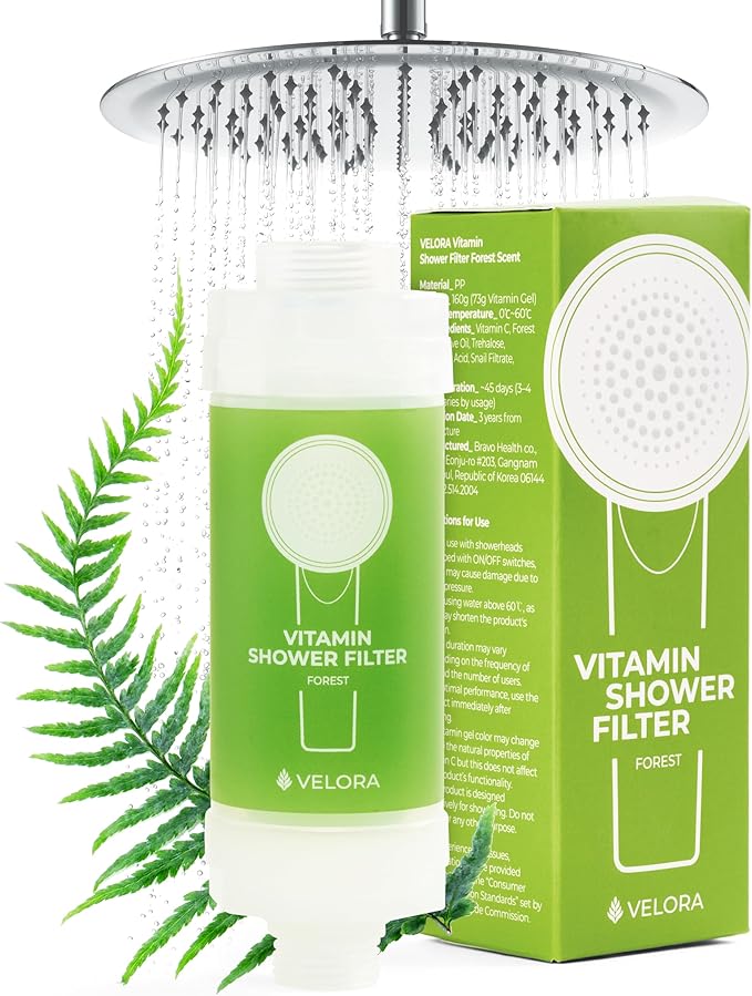 VELORA Vitamin C Shower Filter - Forest-Scented Aromatherapy Shower Water Filter and Softener - Universal Showerhead Bathroom Attachment - Replenish Dry Skin, Soften and Nourish Hair