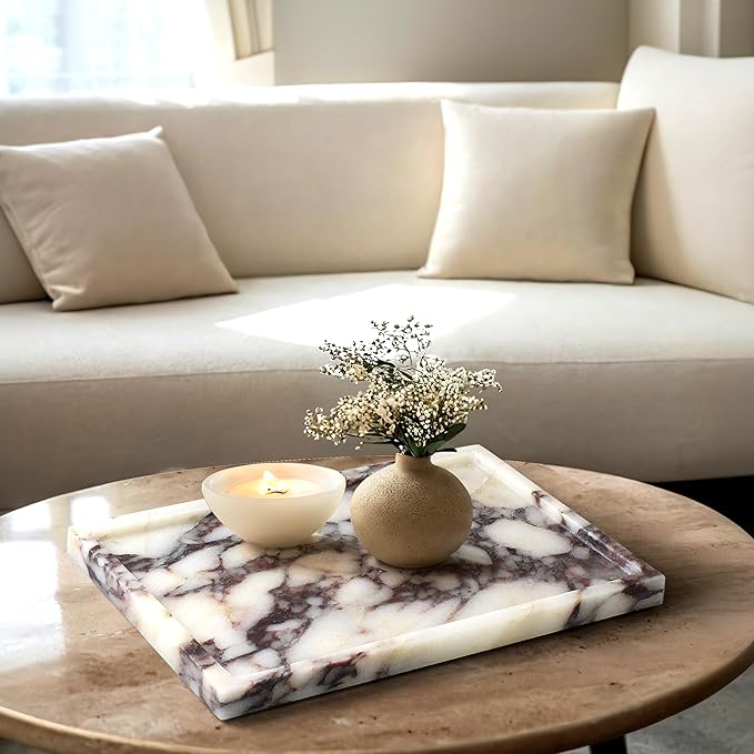 100% Real Luxury Natural Marble Vanity Tray Genuine Calacatta Viola Marble Stone Storage Trays for Home Decor Bathroom Vanity Dresser Kitchen, Non-Resin/Non-Ceramic, 11.7" x 7.8"