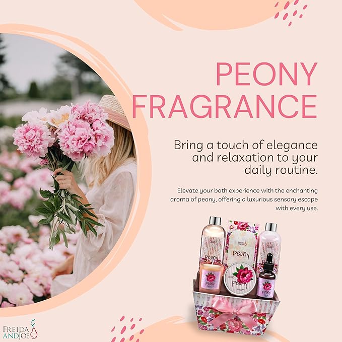 Bath and Body Gift Set for Women with Shower Gel, Body Lotion, Body Scrub, Body Oil, Bath Salt, and Scented Candle – Perfect Spa Gift (Peony Floral)