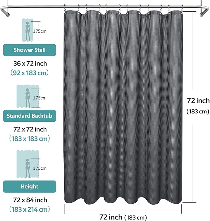 3 in 1 Shower Curtain Set, Waffle Shower Curtain and Liner Set with 12 Double Sided Shower Curtain Hooks, 258GSM Luxury Weighted Cloth Shower Curtains for Bathroom,72 W x 72 H,Graphite Gray