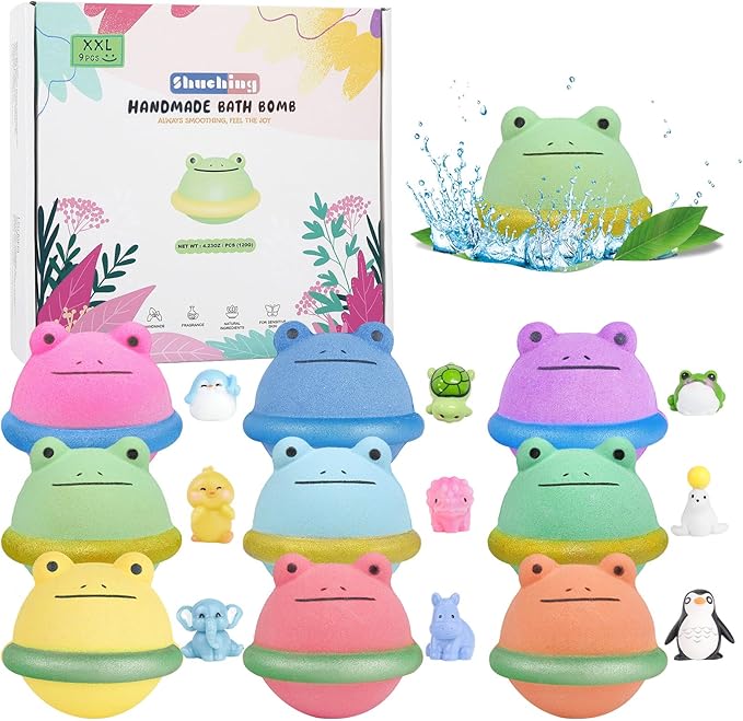 SHUCHING 9 PCS XXL Frog Bath Bombs with Surprise Inside, Organic Bubble Bath Fizzy Balls for Kids, Birthday Christmas Gifts Set for Boys Girls