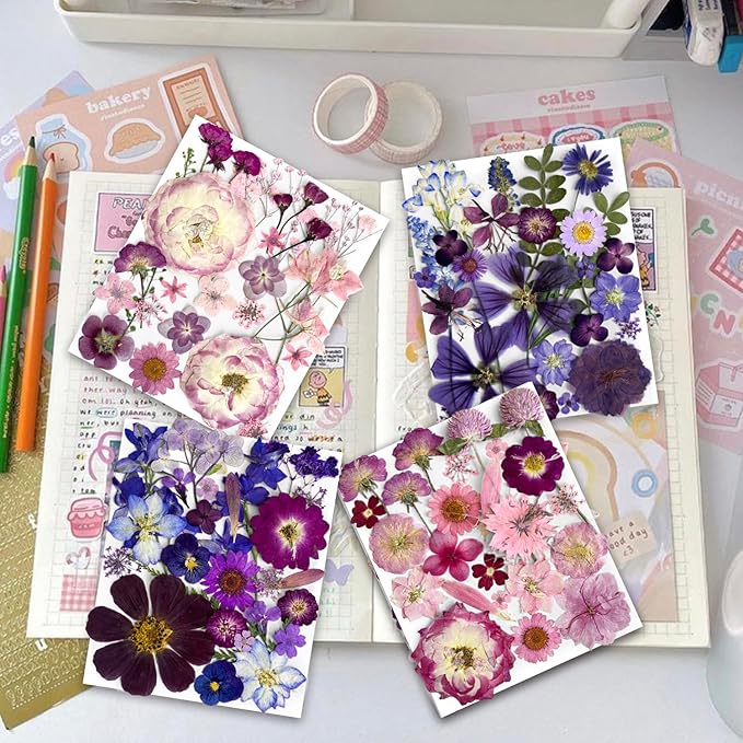 148PCS Purple Hot Pink Dried Pressed Flowers with Butterfly Stickers - YouthBro Real Nature Flowers Set for Resin DIY Jewelry Making Nail Card Scrapbook Art Craft Floral Decors