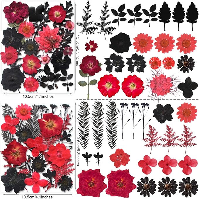 141PCS Black Red Dried Pressed Flowers for Resin - Youthbro Real Nature Flowers Butterfly Stikers Set for Christmas DIY Candle Soap Vase Making Nail Card Scrapbook Art Craft Floral Decors