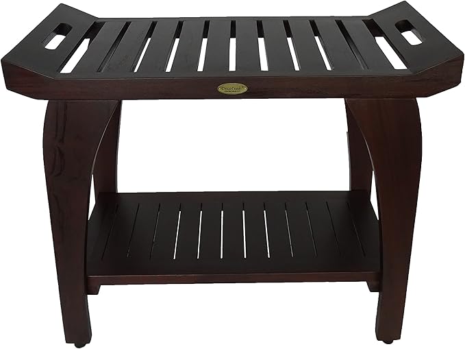DecoTeak Tranquility 30 Inch Extended Height Brown Waterproof Teak Wood Shower Bench Stool Seat Chair for Inside Shower Storage Shelf Provides Safety Storage and Organization for Bathroom Accessories