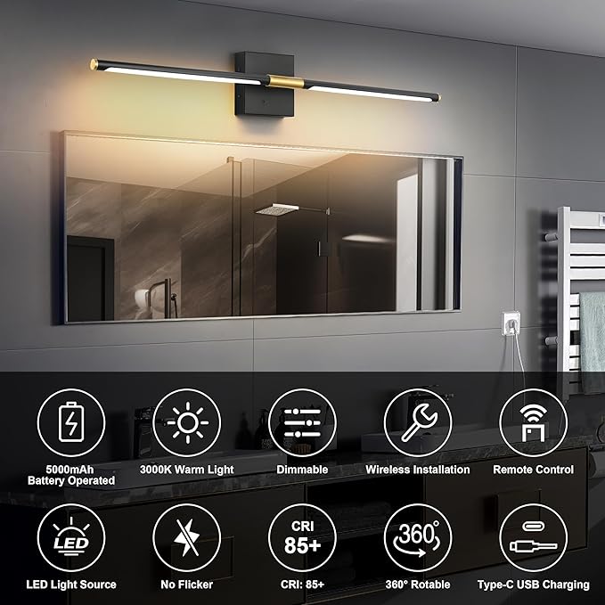 30 Inch Battery Operated Wall Sconces Set of Two, Dimmable Wall Sconces with Remote Control, Black Gold Rechargeable Sconces, LED Wireless Wall Lights for Bedroom, Living Room, Bathroom