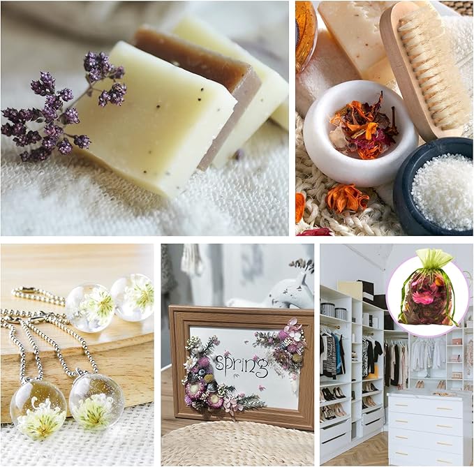 SACATR Dried Flowers, 50 Bags 100% Natural Dried Herbs Kit for Soap Making, Candle, Resin Jewelry Making, Bath, Nail - Include Rose Petals, Rosebuds, Lilium, Jasmine, Don't Forget Me and More