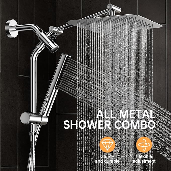 Veken Shower Head, 10'' All Metal Rain Shower Heads with Handheld Spray Combo, Hand Held Bathroom Combo with Extension Arm, Dual shower with Power Wash, Adjustable Rainfall Showerhead, Chrome