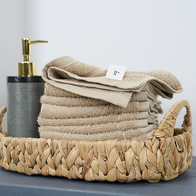 Tens Towels Pack of 24 Washcloths, 12 x 12 Inches, Lighter Weight, Quick to Dry, Super Soft & Absorbent, Gentle Face Towels, Hotel Quality, Perfect for Bathroom, Gym, Spa (Beige, 24 Pack)