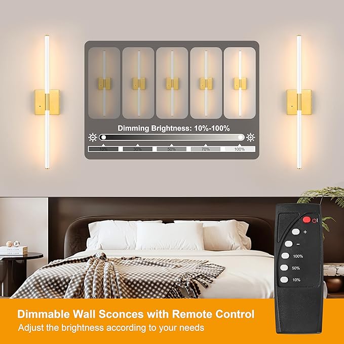 30 Inch White Gold Battery Operated Wall Sconces Set of 2, Dimmable Battery Wall Sconce with Remote Control, LED Rechargeable Sconces, Modern Wireless Wall Lights for Bedroom, Living Room