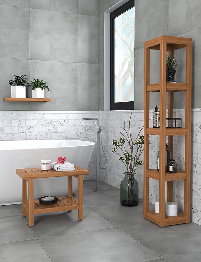 AquaTeak The Original 24" Spa Teak Shower Bench with Shelf (Bench + Teak Oil)