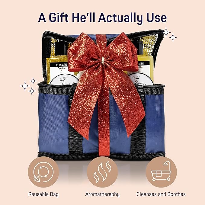 SpaLife Luxury Spa Skincare Sandalwood Gift Set for Men | Mens Body Wash Gifts | Mens Gift Set for Bath and Body | Christmas Gifts for Men | Cleansing, Moisturizing, Exfoliating | 7-Piece Bundle