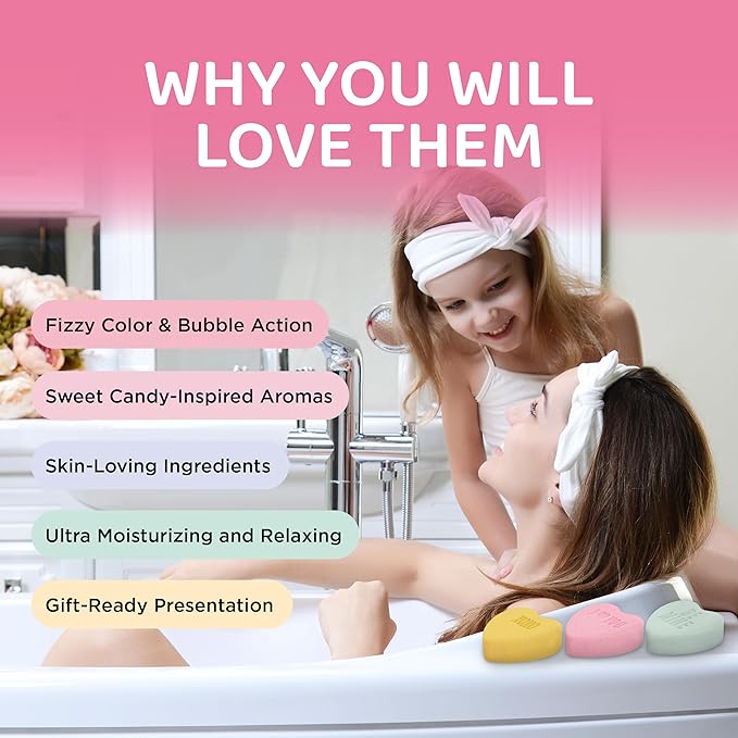 Candy Heart Bath Bombs for Women, Girls, & Teens (3 Pack) - Valentines Bath Bombs for Relaxing Bubble Bath - Moisturizing, Colorful & Scented, USA Made – Valentines Day Gifts for Her by Two Sisters