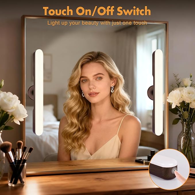 Set of 2 Wireless Vanity Makeup Lights for Mirror, Rechargeable LED Stick On Light Bar for Bathroom Mirror with Dimmable 3 CCT, Long Battery Life Cordless Light for Vanity Desk(Dark Brown)