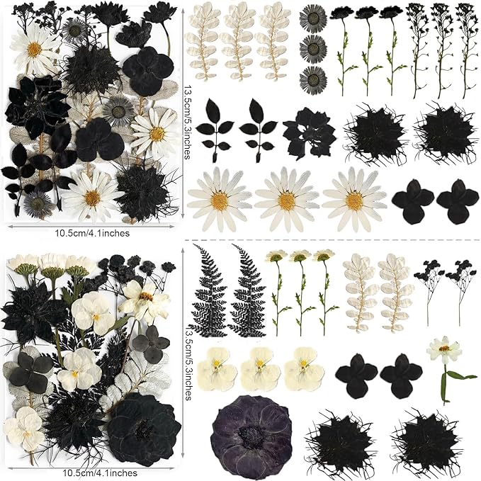 131PCS Black White Dried Pressed Flowers with Butterfly Stickers - YouthBro Real Nature Flowers Craft Set for Craft Resin DIY Jewelry Candle Soap Making Nail Card Scrapbook Art Floral Decors