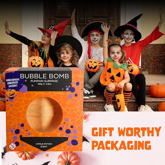 Halloween Bath Bombs for Kids with Surprise Halloween Toys Inside - Large Pumpkin Bath Bombs for Kids, Boys & Girls – Spooky Boo Basket Stuffers for Kids - Made in USA Bubble Bomb by Two Sisters