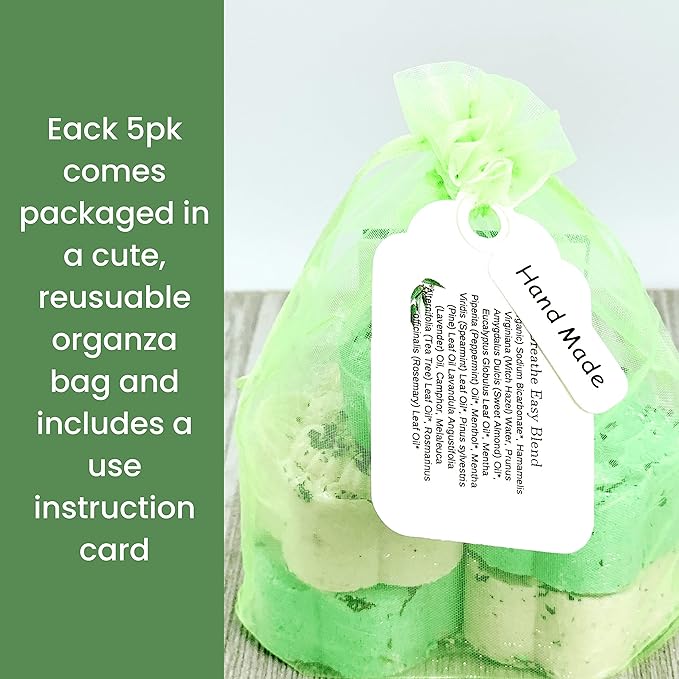 Breathe Easy Aromatherapy Shower Bombs (5PK XTRA STRENGTH) – Menthol, Peppermint, Rosemary Essential Oils – Ease Sinus, Colds, Cough, Congestion – Spa Christmas Gift (Add Shower Bomb Bag)