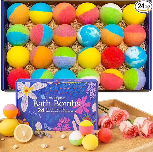 Hemp Oil Bath Bombs Gift Set, 24 Pack Natural Bubble Bath Spa Kit with Pure Essential Oils, Refreshing & Relaxing Bath Gift for Birthday, Mother’s Day & Valentine’s Day