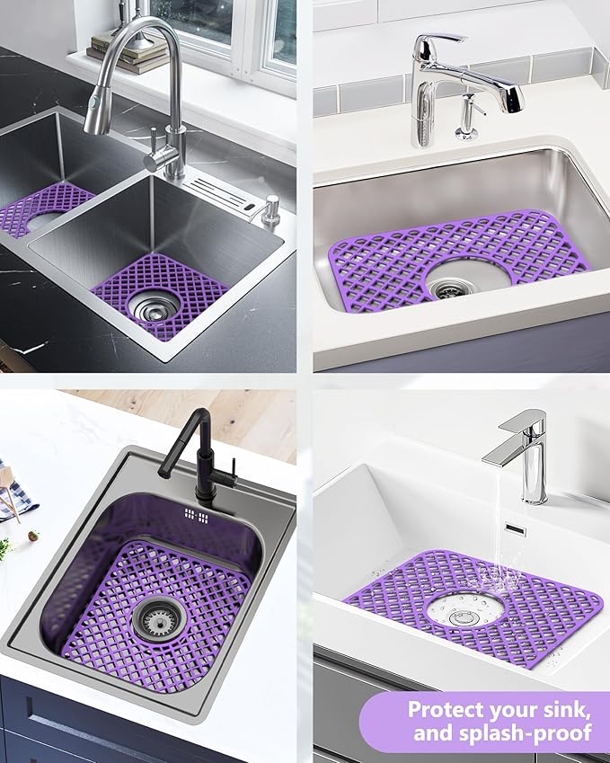 2 Pack Silicone Sink Protector for Kitchen Sink, Lozenge Pattern 13 x 11 inches Sink Grid Mat Silicone Protectors, Center Drain, Purple