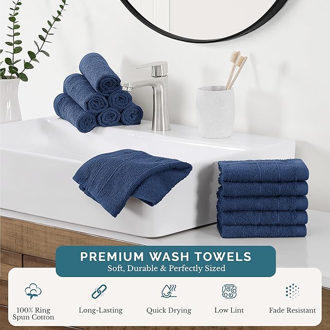 Casa Platino Washcloths Pack of 12 - Spa & Salon Quality - 100% Ring Spun Cotton Face Cloths - Soft & Ultra Absorbent Wash Cloth Set for Body, Beauty, Home, Gym - Fingertip Towels - 13"x13", Navy Blue