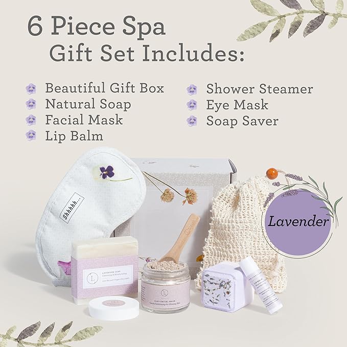 Lizush Luxury Spa Gifts for Women – 7 Piece Lavender Gift Set with Candle, Gift Baskets for Women, Body Care Set for Mom, Birthday Box, Relaxation & Self Care Spa Kit for Wife – Handmade in the USA