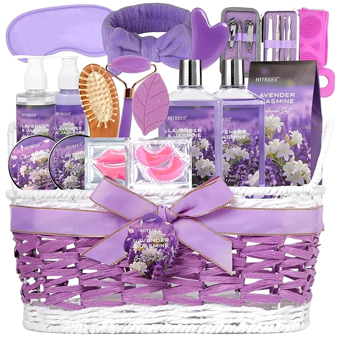24-Piece Luxury Body Gift Set for Women, Spa Gift Basket Set, Lavender Home Spa Gifts for Women With Face Rollar tool, Bubble Bath, Facial Care, Bomb, Oil, Facial Skin Care gift set for Mother Her