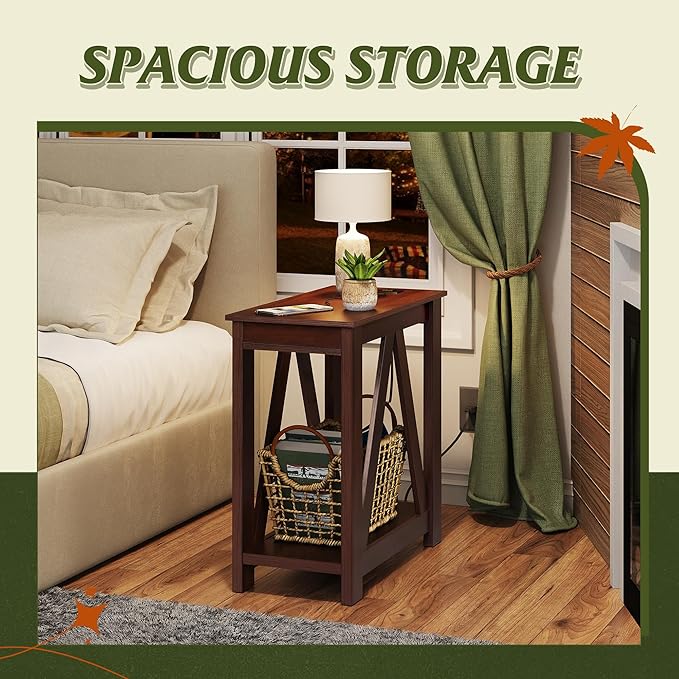 WLIVE Narrow End Table with Charging Station of Open Storage Shelf，Sofa Side Table with 2 USB Ports and 2 Power Outlets，Slim Farmhouse End Table for Small Spaces, 11.8" D x 23.6" W x 23.74" H