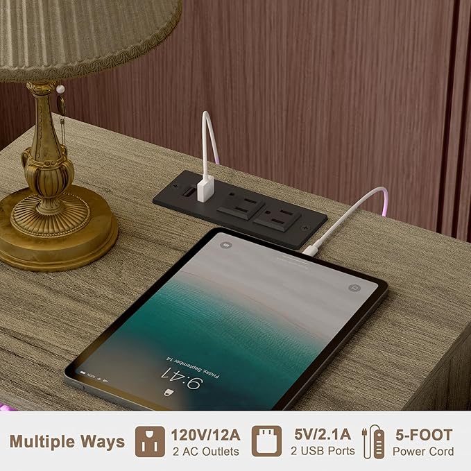 Modern Nightstand with Charging Station and LED Lights, White Bedside Table with Drawer, Fluted Side Table for Living Room, Bedroom