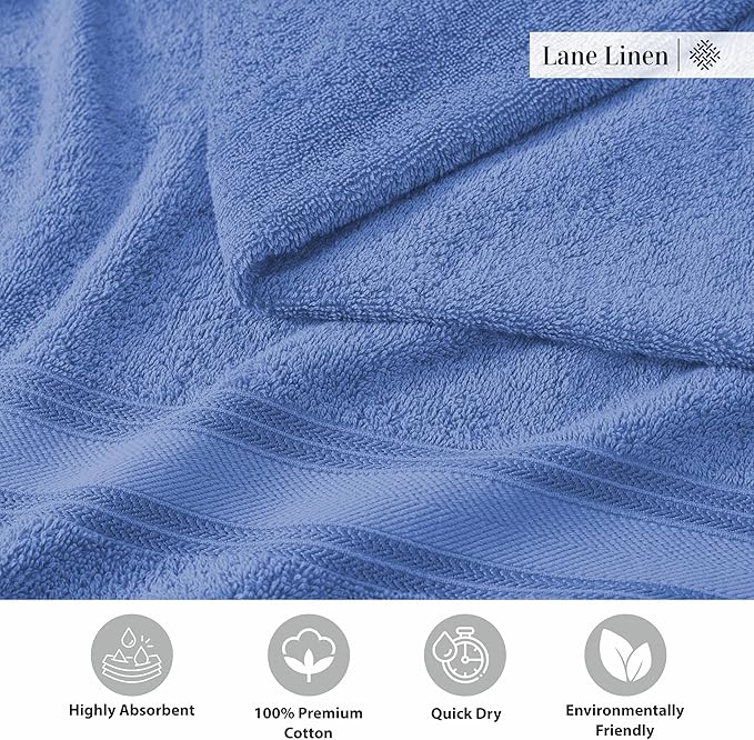 LANE LINEN 100% Cotton 4 Pack Bath Towels (30"x60") - Zero Twist, Mercerized Cotton Bathroom Towels Set - Quick Dry, Soft & Absorbent Large Bath Towels - Machine Wash in Cold Water - Cerulean Blue