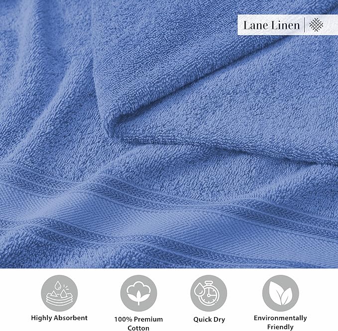 LANE LINEN 100% Cotton 4 Pack Bath Towels (28"x54") - Zero Twist, Mercerized Cotton Bathroom Towels Set - Quick Dry, Soft & Absorbent Large Bath Towels - Machine Wash in Cold Water - Cerulean Blue