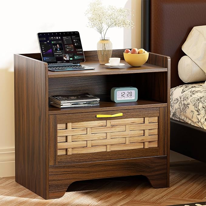 24" Rattan Nightstand with Storage Drawer, Walnut Bedside Table with Semi Open Cubby, Boho Night Stand with Farmhouse Arched Base for Bedroom, Side Table, End Table for Dorm
