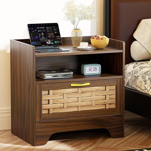 24" Rattan Nightstand with Storage Drawer, Walnut Bedside Table with Semi Open Cubby, Boho Night Stand with Farmhouse Arched Base for Bedroom, Side Table, End Table for Dorm