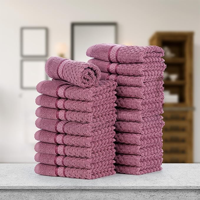Ample Decor Washcloth Set of 20 Grape Purple 100% Cotton - Qucik Dry Popcorn Textured - Mulaayam Collection - 12 X 12 Inch