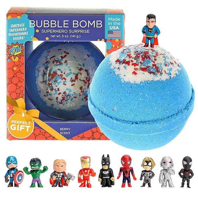 Superhero Bath Bombs for Kids & Boys with Surprise Hero Toys Inside (1 Pack) - Large Bubble Bath Bombs for Boys & Girls - Children Gift & Boys Valentine Gifts - Fruity Scent, USA Made by Two Sisters