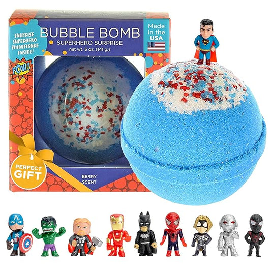 Superhero Bath Bombs for Kids & Boys with Surprise Hero Toys Inside (1 Pack) - Large Bubble Bath Bombs for Boys & Girls - Children Gift & Boys Valentine Gifts - Fruity Scent, USA Made by Two Sisters