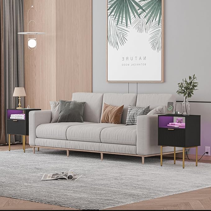 Modern Nightstand with Charging Station and LED Lights, Black Nightstand with Drawer, Fluted Nightstand for Living Room, Bedroom