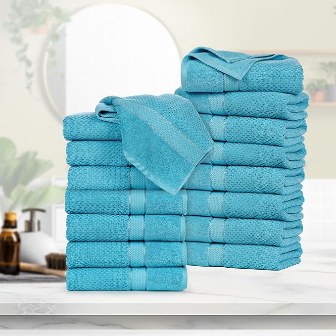 Ample Decor Bath Towels for Bathroom Set of 16 100% Cotton Sky Blue Popcorn Textured, Machine Washable - Mulaayam Collection - 30 X 54 Inch