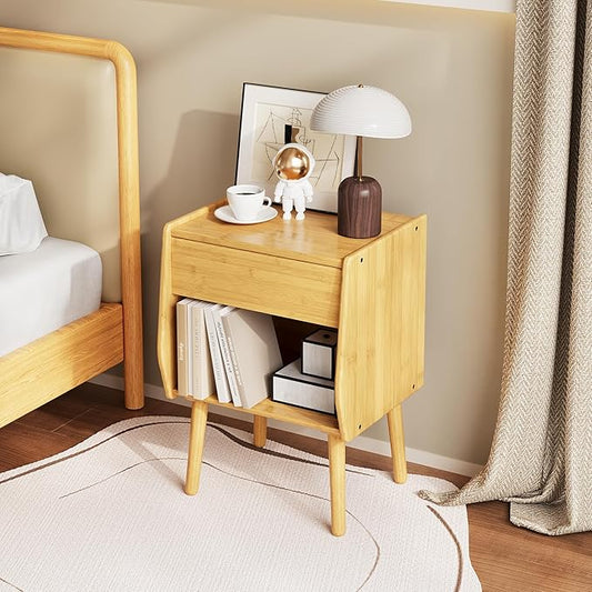 ZIYOO Nightstand with Drawer Open Shelf, Mid Century Modern Bedside Table, Small End Table for Living Room&Small Spaces, Bedroom, Natural Bamboo