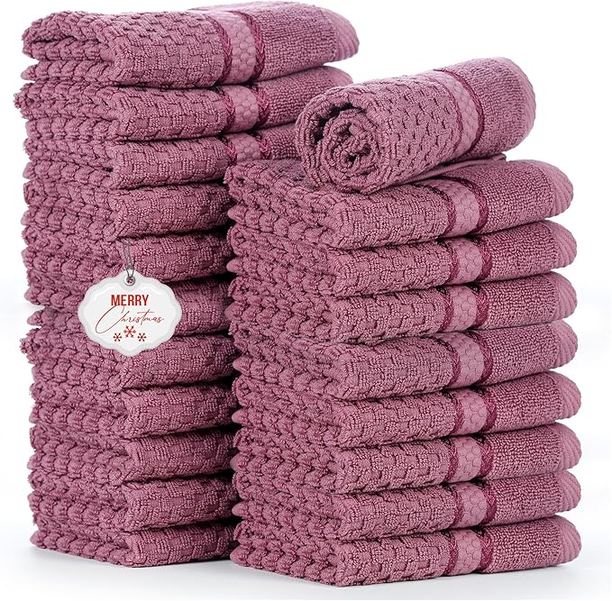 Ample Decor Washcloth Set of 20 Grape Purple 100% Cotton - Qucik Dry Popcorn Textured - Mulaayam Collection - 12 X 12 Inch