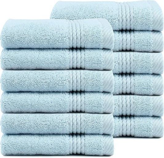 EastNBlue Lara 100% Turkish Cotton Washcloths 12 Pack, Extra Soft & Absorbent Wash Cloths for Face & Body (12" x 12"), Terry Cloth, Small Hand Towels for Bathroom, Ice Blue