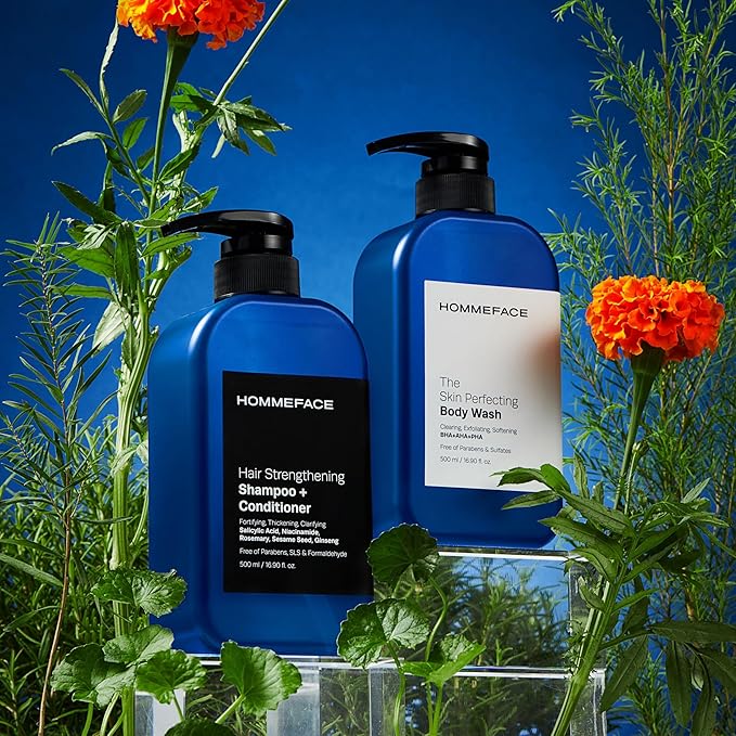 HOMMEFACE Men’s Triple Action Shower Kit - 2 Piece Set with 2-in-1 Hair Strengthening Shampoo + Conditioner & Body Wash with Pump - Korean Skincare Technology for Body Acne and Scalp Health