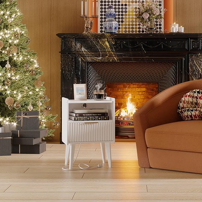 Fluted Nightstand with Charging Station, Modern Bedside Table with Drawer,White Nightstand with Solid Wood Legs, End Table,Side Table for Living Room,Bedroom White CTG57WE