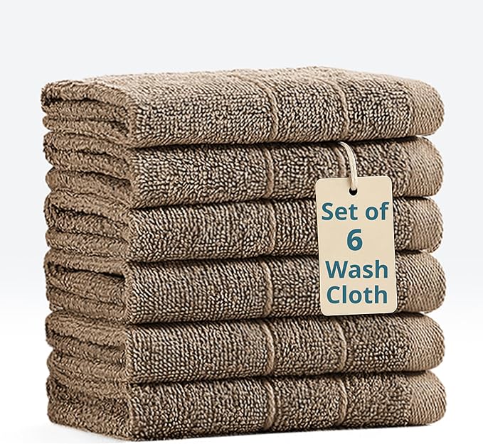 Casa Platino Washcloths 6 Pack - Spa & Salon Quality - 100% Ring Spun Mercerized Cotton Face Towels - Very Soft & Absorbent Wash Cloths for Body, Beauty, Home, Gym - Fingertip Towels - 13"x13", Taupe