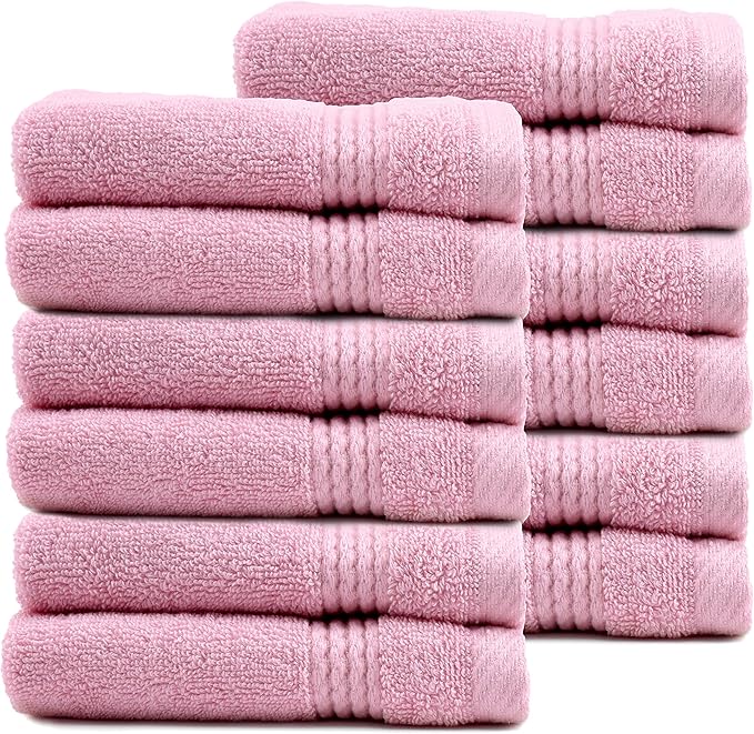 EastNBlue Lara 100% Turkish Cotton Washcloths 12 Pack, Extra Soft & Absorbent Wash Cloths for Face & Body (12" x 12"), Terry Cloth, Small Hand Towels for Bathroom, Rose (Pink)