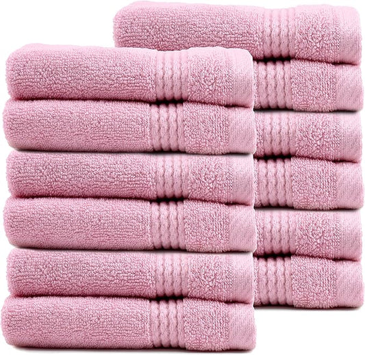 EastNBlue Lara 100% Turkish Cotton Washcloths 12 Pack, Extra Soft & Absorbent Wash Cloths for Face & Body (12" x 12"), Terry Cloth, Small Hand Towels for Bathroom, Rose (Pink)