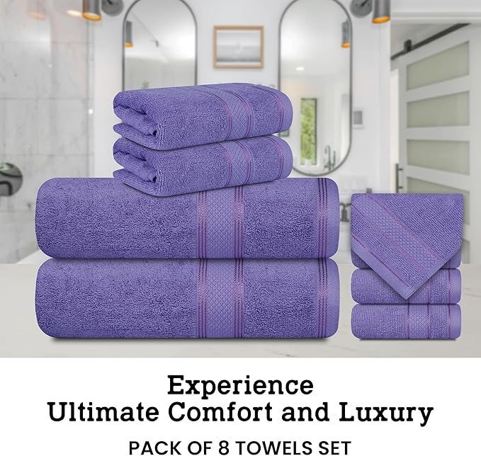 Casa Lino Bath Towel Set of 8 (2 Bath Towels, 4 Wash Cloths & 2 Hand Towels for Bathroom) - 100% Cotton - Highly Absorbent & Quick Dry - Guest Room Essentials for Bathroom Set - (Purple)