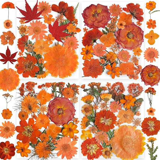 150PCS Orange Fall Dried Pressed Flowers with Butterfly Stickers - Youthbro Real Nature Flowers Set for Resin DIY Jewelry Candle Soap Vase Making Nail Card Scrapbook Art Craft Floral Decors